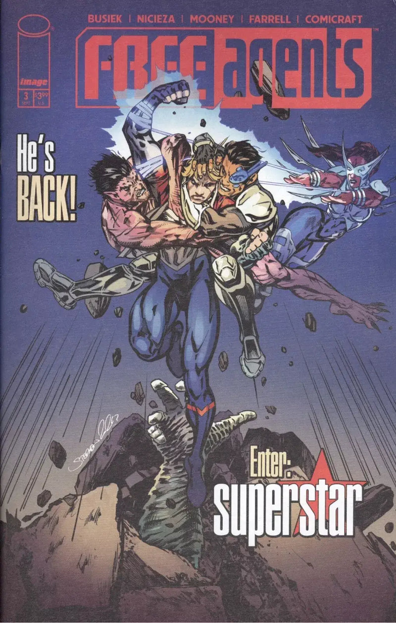 Dynamic action comic book cover for Free Agents #3 by Stephen Mooney featuring combat