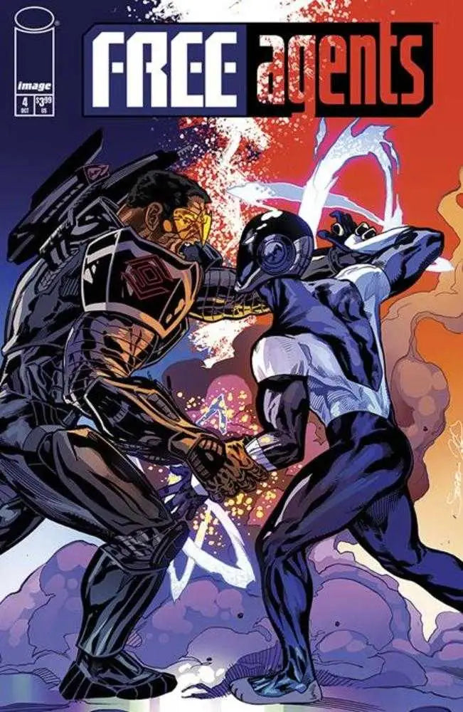 Comic book cover of Free Agents #4 featuring costumed characters in combat action