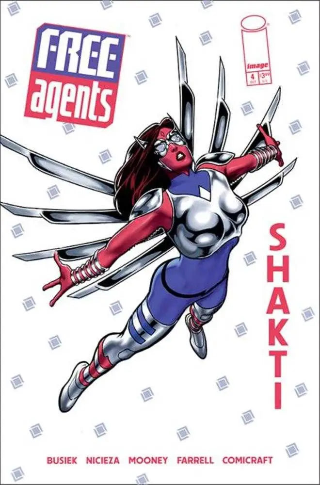 A red and blue superhero from Free Agents #4 Cover B leaps with swords, ideal for trading cards