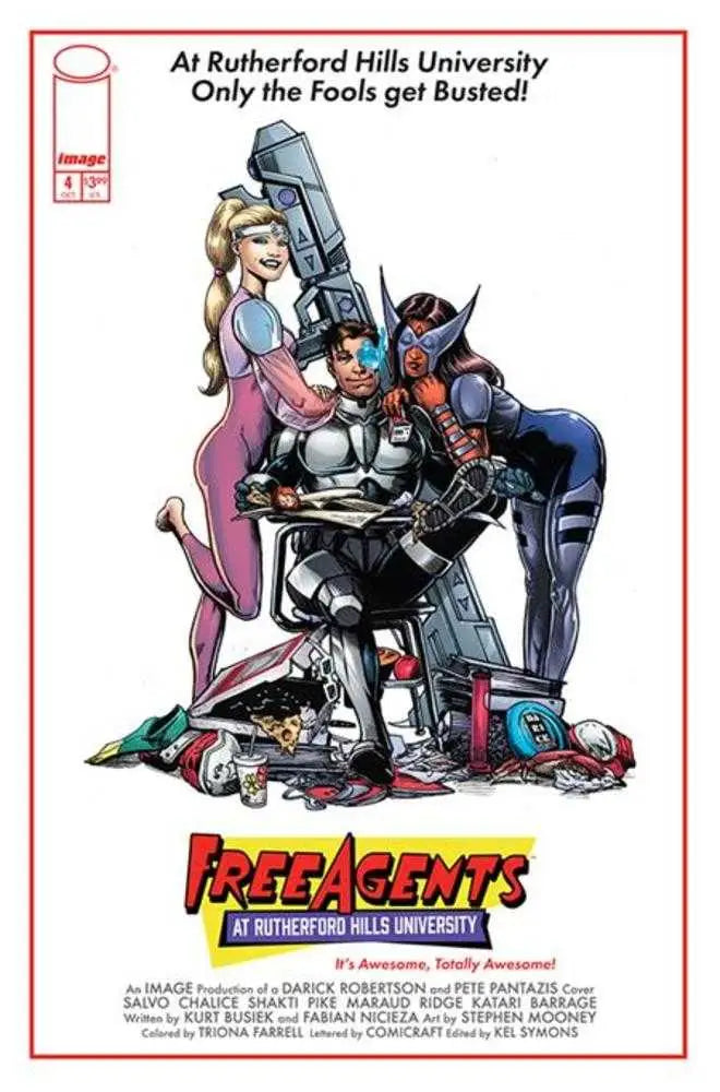 Comic book cover of Free Agents #4 with a robot and two characters in fitted outfits