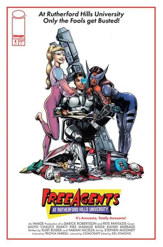 Comic book cover of Free Agents #4 with a robot and two characters in fitted outfits