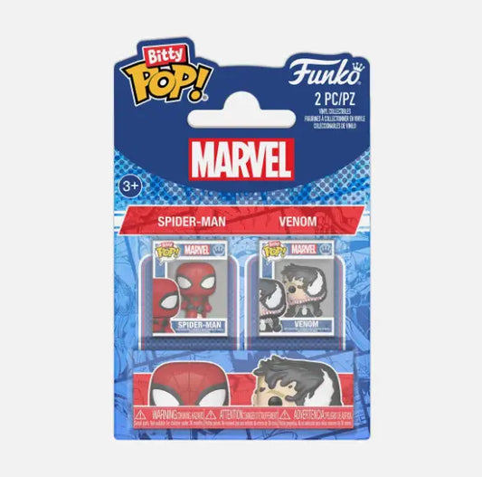 Packaged Funko Bitty POP! Marvel Spider-Man 2 Pack with Spider-Man, Venom, and mystery figure