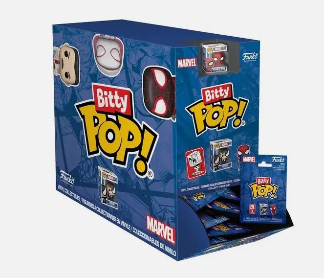 Blue display box of Funko Bitty Pop Marvel Spider-Man collectible vinyl figures