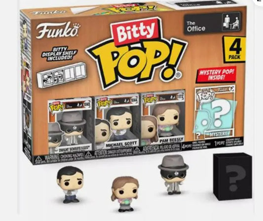 Funko Bitty Pop collection featuring Dwight Schrute, Michael Scott, and Pam Beesly