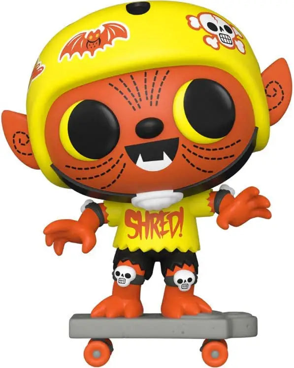Cartoon character figurine of orange Boo Hollow creature on skateboard for trading cards