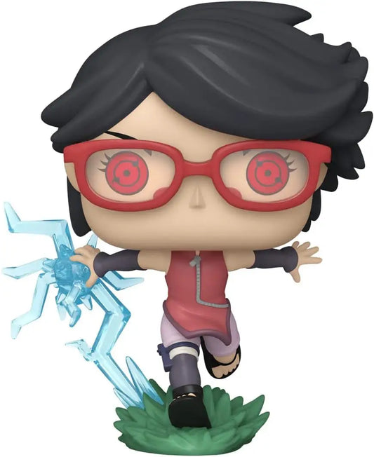 Cartoon figurine of Sarada from Boruto Naruto, featuring red glasses and blue energy effect