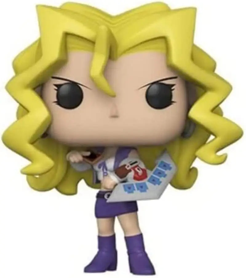 Funko Pop-style Mai Valentine figurine from Yu-Gi-Oh! 25th Anniversary holding trading cards
