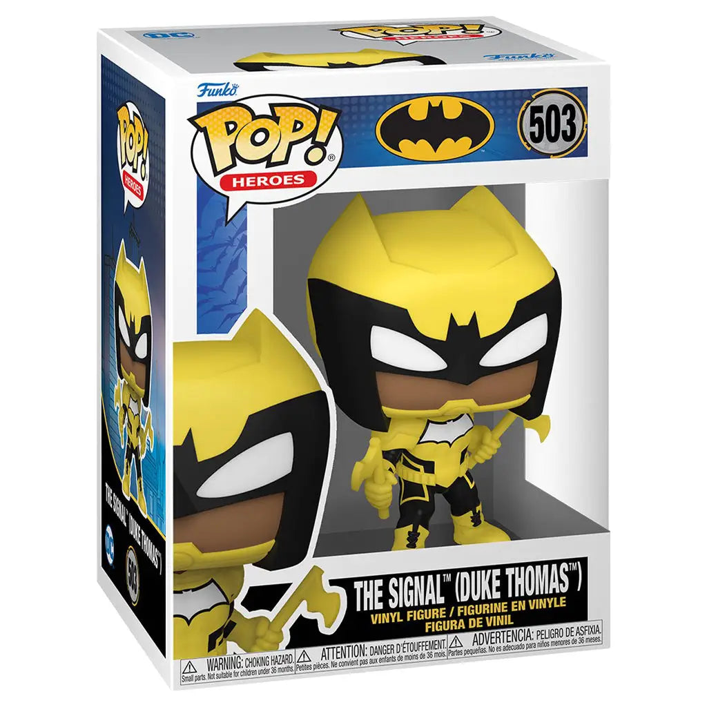 Funko Pop Heroes 503 Batman The Signal figure featuring Duke Thomas in yellow and black