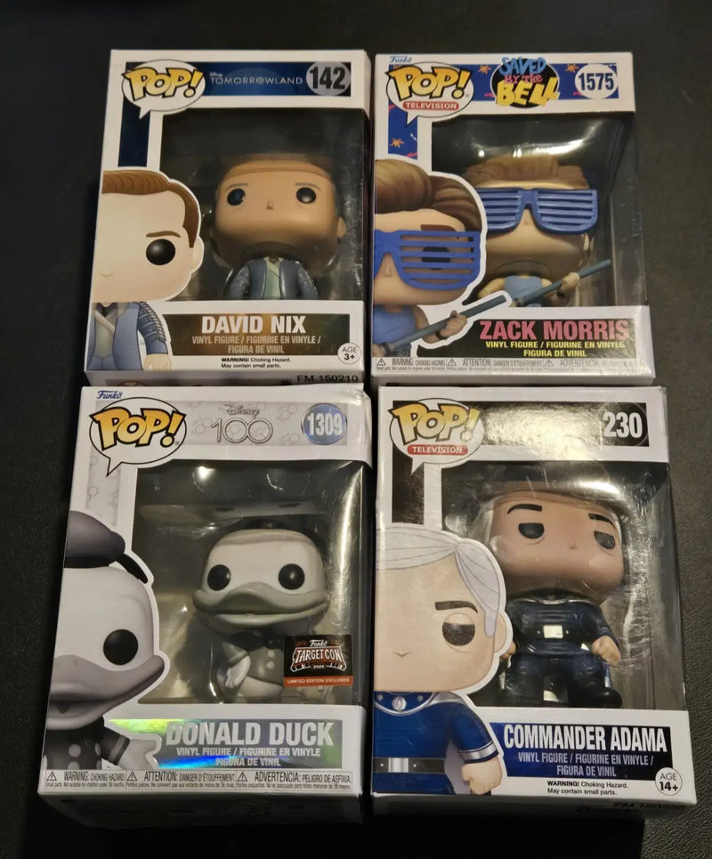 Funko Pop Lot 4 Zack Morris Donald Duck Disney 100 Commander Adama David Nix NIB - Funko Pop