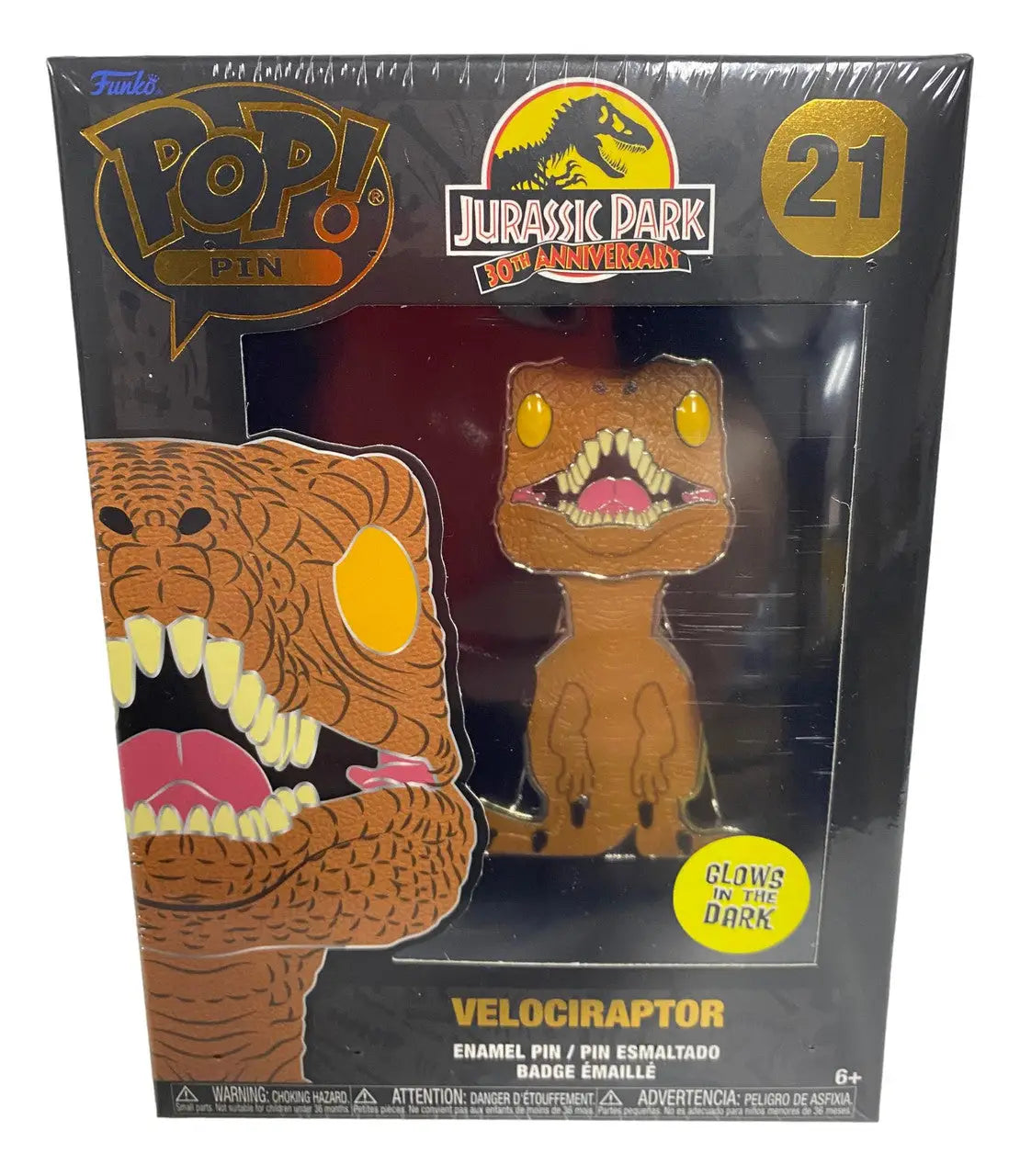 Funko Pop Pin Jurassic Park 30th Anniversary Velociraptor with glow-in-the-dark features