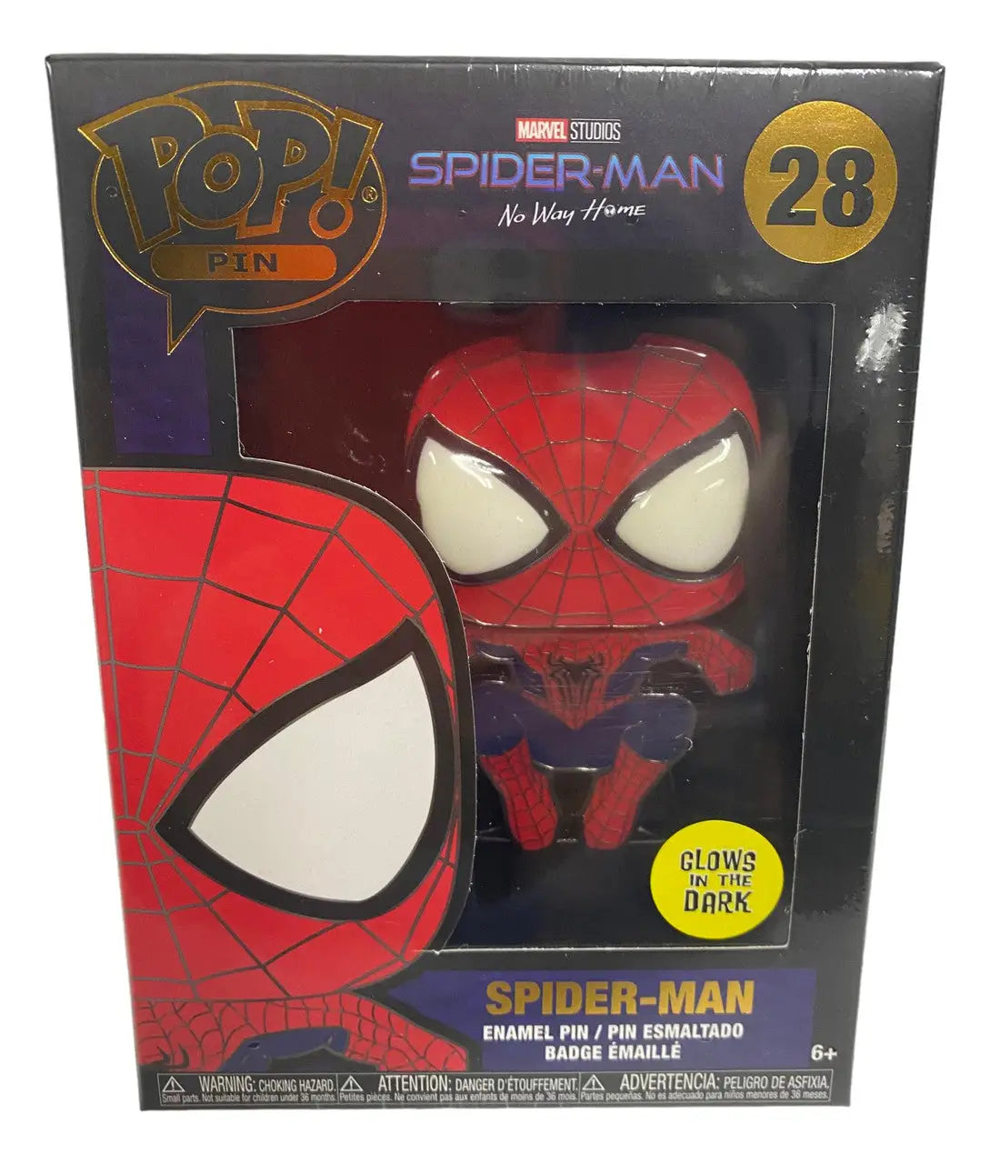 Funko Pop Pin featuring Spider-Man from No Way Home in packaging, #28 collectible figure