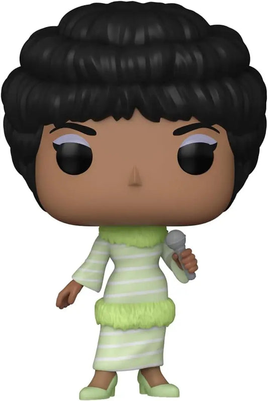 Funko Pop Rocks Aretha Franklin #365 figurine in green and white dress with bouffant hairstyle