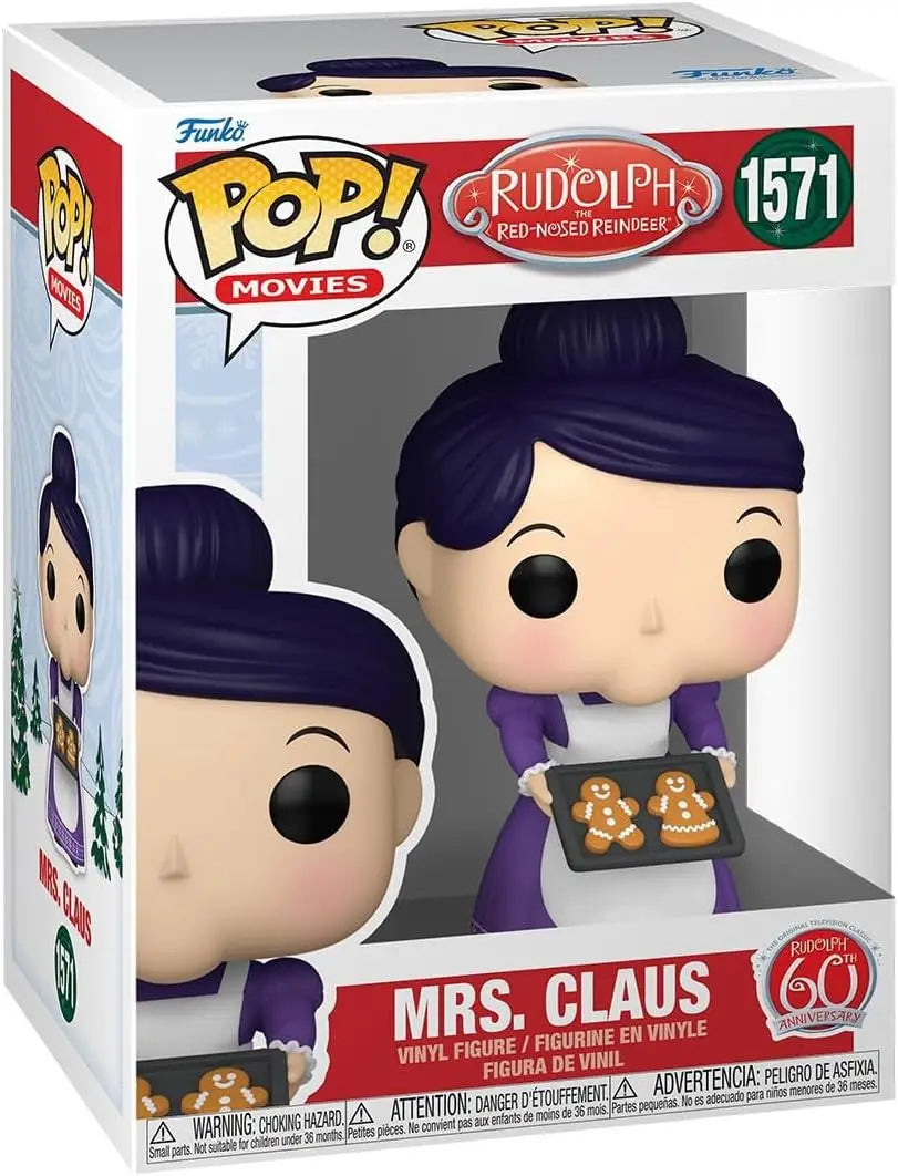 Funko Pop Mrs. Claus holding cookies, perfect for Rudolph fans and trading cards collectors
