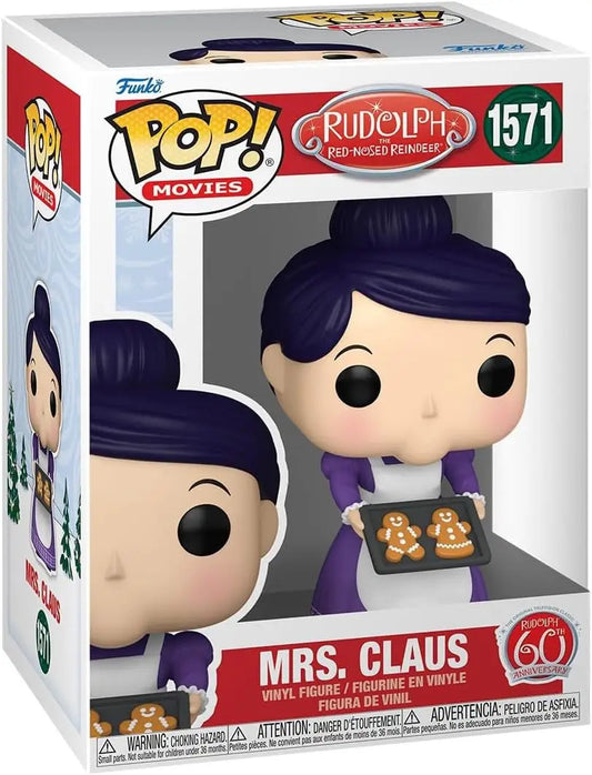 Funko Pop Mrs. Claus holding cookies, perfect for Rudolph fans and trading cards collectors