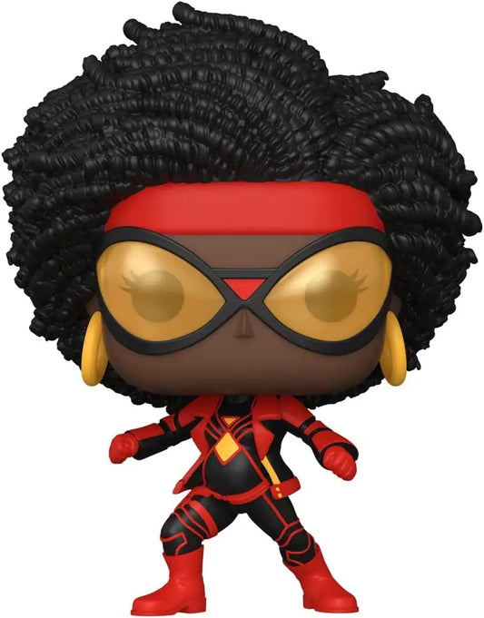 Funko Pop Spider-Woman figurine with afro hairstyle in red and black costume for collectors