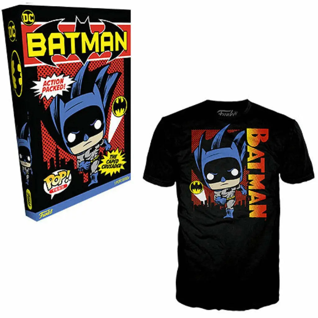 Batman-themed Funko Pop figure box with Funko Pop Tees DC Batman t-shirt displayed
