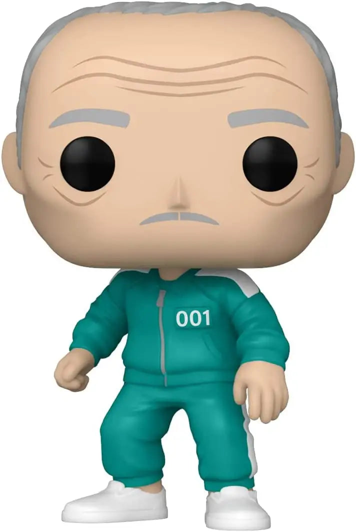 Funko Pop figurine of elderly man in teal jumpsuit from Squid Game Player 001