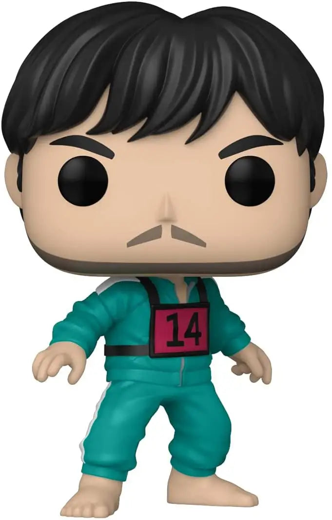 Funko Pop-style figurine of Squid Game Player 218 Cho Sang-Woo in teal jumpsuit