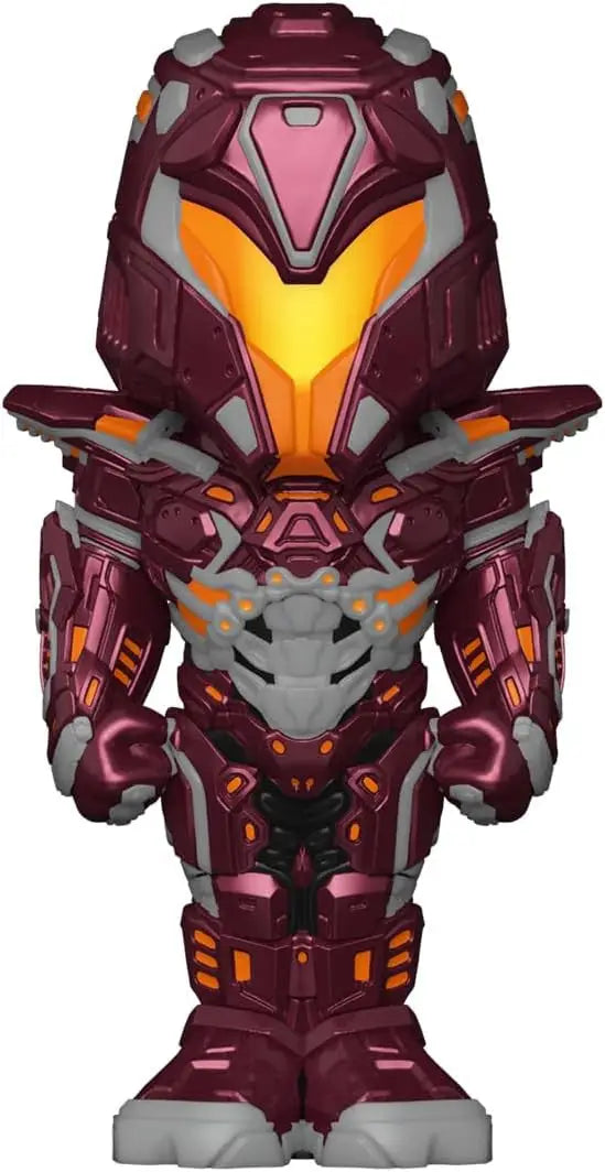 Stylized Blue Beetle Funko Soda Carapax figurine in maroon, orange, and gray colors