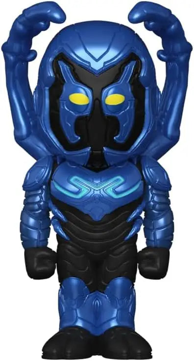 Blue Beetle Funko Soda figure with glowing yellow eyes and raised arms in a can