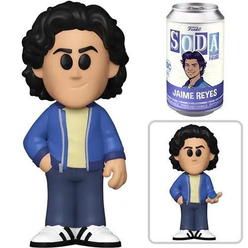 Cartoon figurine of Jaime Reyes in a blue jacket from Funko Soda Blue Beetle
