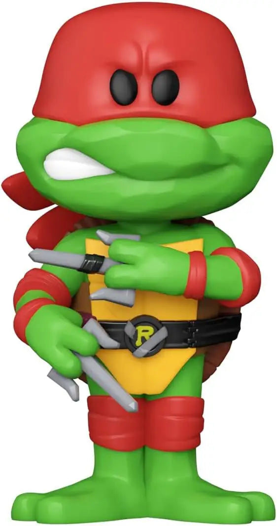 Cartoon-style Raphael figurine from Funko Soda: Teenage Mutant Ninja Turtles in a can