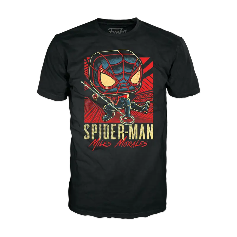 Black Funko Tee featuring cartoon Miles Morales design with red accents