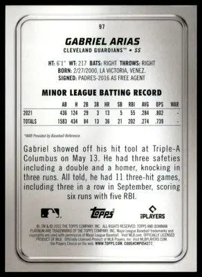 Gabriel Arias Rookie 2022 Bowman Platinum #97 Cleveland Guardians - Baseball Card Single