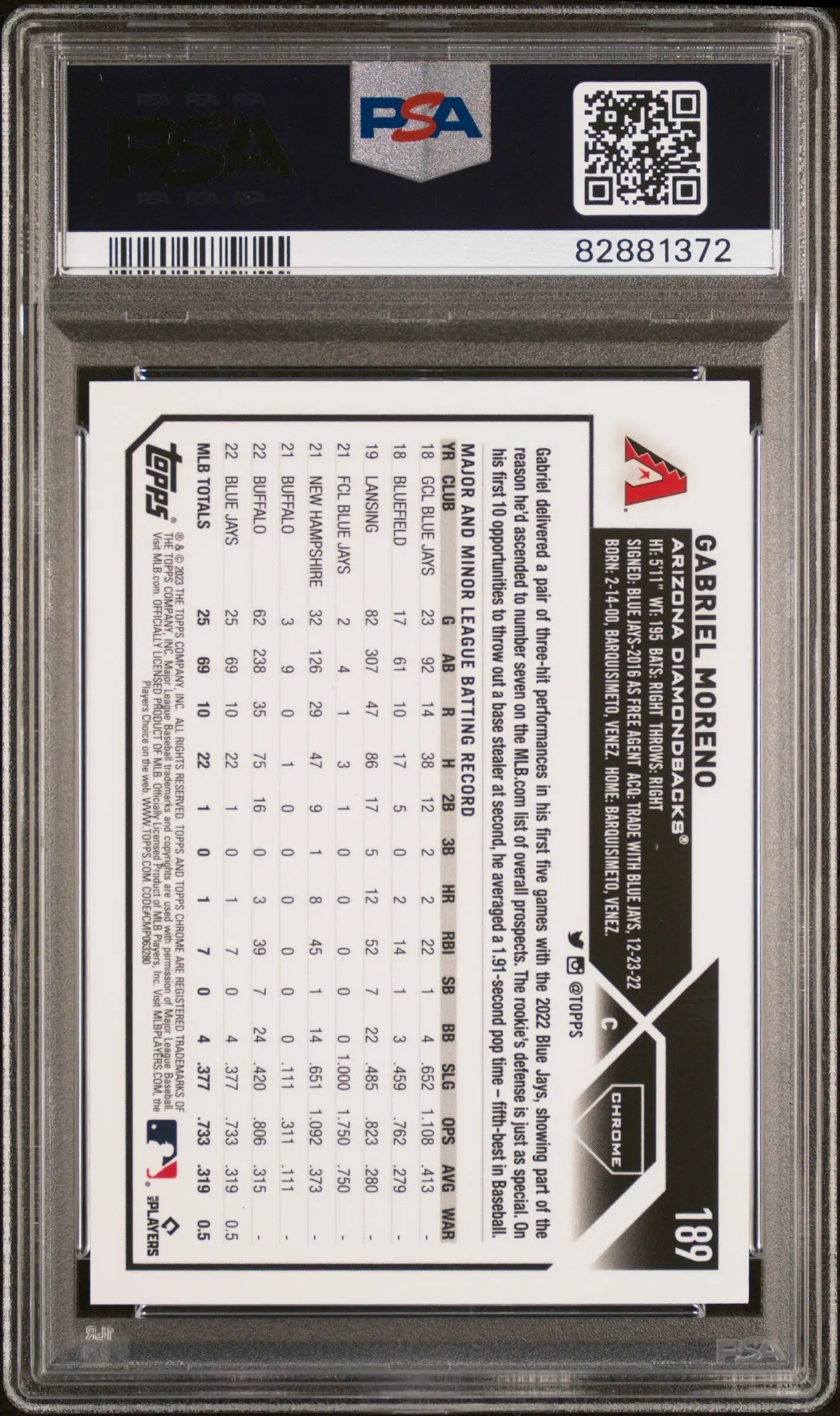 Graded Gabriel Moreno 2023 Topps Chrome Gold Refractor PSA 10 Gem Mint card