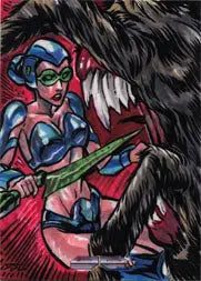 Colorful Daniel Logan sketch card featuring blue-skinned figure holding green object