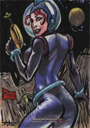 Futuristic female in purple spacesuit with ray gun on Galaxgals Daniel Logan sketch card