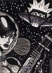 Black and white retro sci-fi illustration by Daniel Thollin on rare artist sketch card