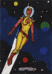 Retro-style space heroine in yellow and red on a rare artist Don King sketch card