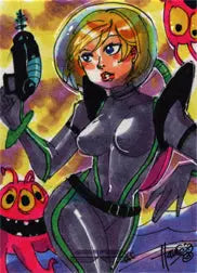 Cartoon illustration of a space-suited figure by Hanie Mohd, a rare artist sketch card