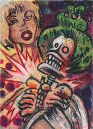 Colorful surreal painting of Jason Atomic holding a microphone on a sketch card