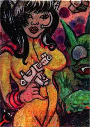 Colorful sketch card of a stylized nude female by Jason Atomic, vibrant background
