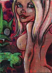 Stylized nude female figure with flowing hair on Jason Atomic sketch card for trading cards