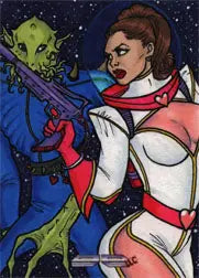 Stylized illustration of a space-suited woman and alien on a Kristin Allen sketch card