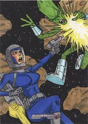 Space-suited figure firing laser in explosive scene on rare artist sketch card Lak Lim