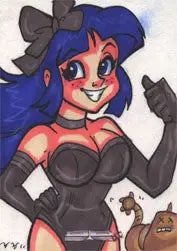 Cheerful cartoon character with blue hair and red eyes on Galaxgals Mary Bellamy Sketch Card