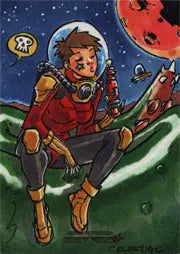 Cartoon astronaut in red spacesuit on Galaxgals Mel Celestial sketch card trading card