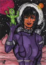 Smiling woman in purple spacesuit with green alien, a Mike Munshaw rare artist sketch card