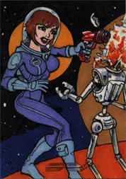 Retro-style sketch card of female astronaut with ray gun next to a robot by Pete McDonough