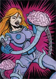 Futuristic female in blue suit with pink brain on Galaxgals Eradication Pete McDonough sketch card