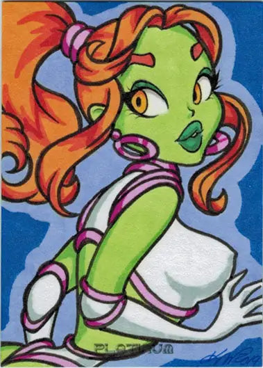 Cartoon female alien with green skin and orange hair on Galaxgals Eradication Sketch Card