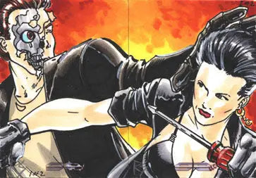 Stylized comic illustration of a woman in leather kicking a cyborg for a sketch card puzzle