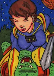 Cartoon-style sketch card of Scott Simmons in uniform with a green alien creature