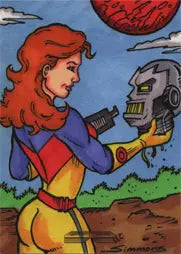 Woman with red hair holding robot head in Galaxgals Scott Simmons Sketch Card