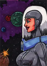 Astronaut in helmet admiring colorful planets on Sean Moore sketch card trading card