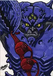 Menacing blue demon creature with yellow eyes on Galaxgals Sean Moore sketch card